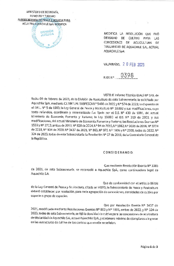 Res. Ex N° 398-2023, Modifica la Resolución que Fijó Densidad de Cultivo para las concesiones de Acuicultura de Titularidad de Aquachile S.A., actual Aquachile SpA. (Publicado en Página Web 21-02-2023).