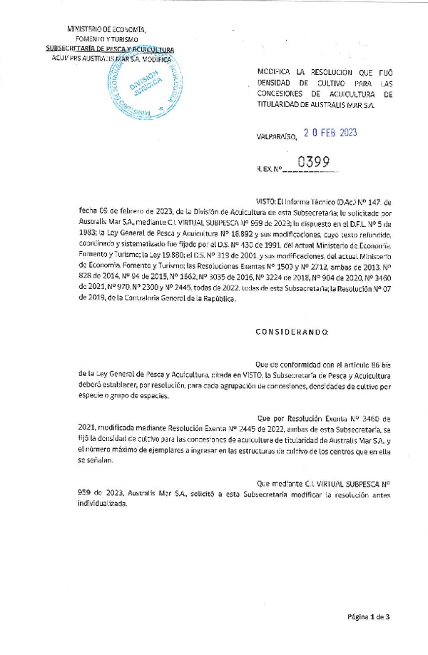 Res. Ex N° 399-2023, Modifica la Resolución que Fijó Densidad de Cultivo para las concesiones de Acuicultura de Titularidad de Australis Mar S.A. (Publicado en Página Web 21-02-2023).