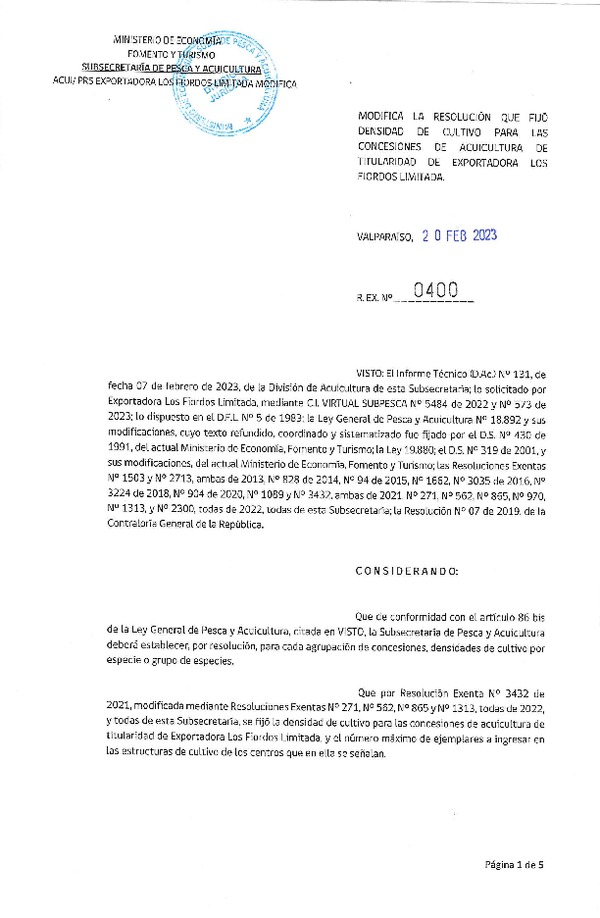 Res. Ex N° 400-2023, Modifica la Resolución que Fijó Densidad de Cultivo para las concesiones de Acuicultura de Titularidad de Exportadora Los Fiordos Ltda. (Publicado en Página Web 21-02-2023).