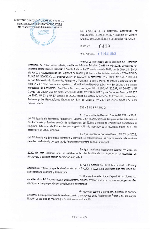 Res. Ex N° 0409-2023, Distribución de la Fracción Artesanal de Pesquerías de Anchoveta y Sardina Común en las regiones del Ñuble y del Biobío, año 2023(Publicado en Página Web 22-02-2023).