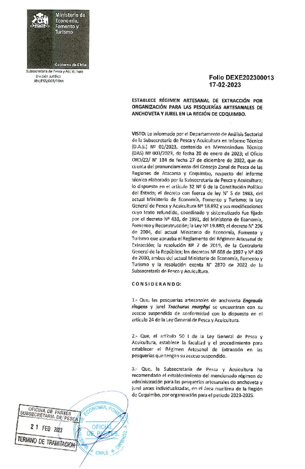 DTO. Ex N° DEXE202300013, Establece Régimen Artesanal de Extracción por organización para las Pesquerías Artesanales de Anchoveta y Jurel en la Región de Coquimbo. (Publicado en Página Web 22-02-2023).