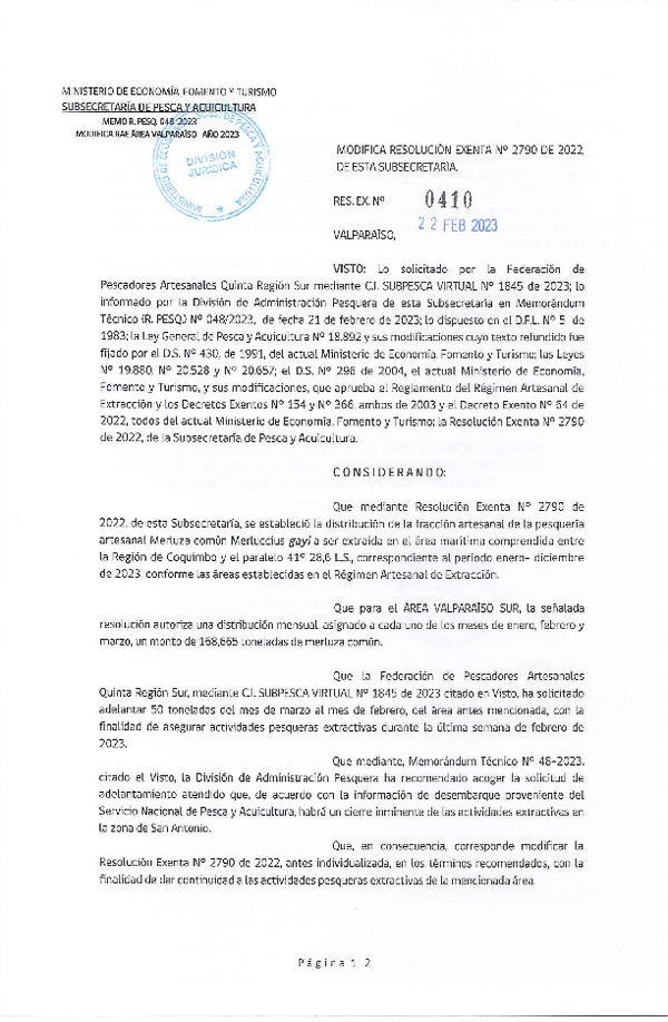 Res. Ex N° 0410-2023, Modifica Resoluciones Exentas N° 2790 de 2022, de esta Subsecretaría.  (Publicado en Página Web 22-02-2023).