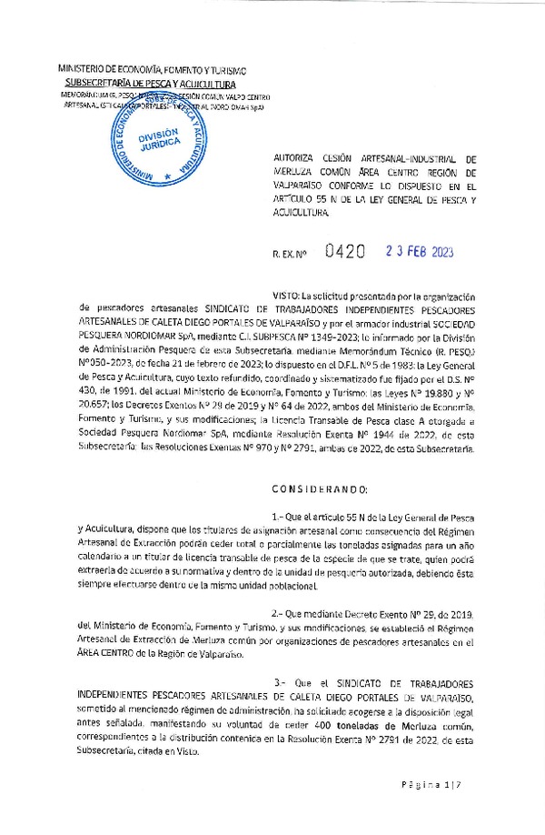 Res. Ex N° 0420-2023, Autoriza Cesión Artesanal–Industrial de Merluza Común área Centro Región de Valparaíso, conforme lo dispuesto en el artículo 55N de la Ley General de Pesca y Acuicultura. (Publicado en Página Web 27-02-2023).