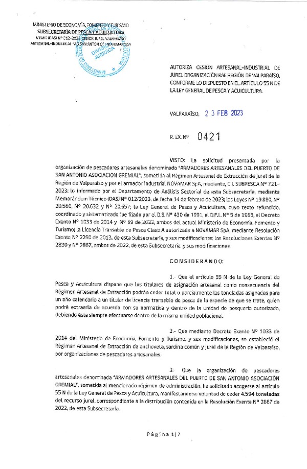 Res. Ex N° 0421-2023, Autoriza Cesión Artesanal–Industrial de Jurel Organización RAE Región de Valparaíso, conforme lo dispuesto en el artículo 55N de la Ley General de Pesca y Acuicultura. (Publicado en Página Web 27-02-2023).
