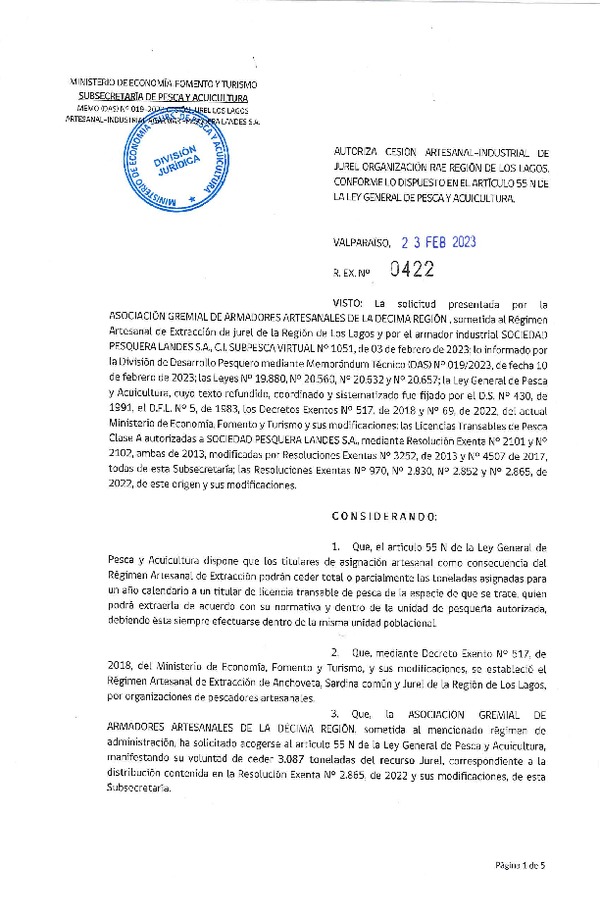 Res. Ex N° 0422-2023, Autoriza Cesión Artesanal–Industrial de Jurel Organización RAE Región de Los Lagos, conforme lo dispuesto en el artículo 55N de la Ley General de Pesca y Acuicultura. (Publicado en Página Web 27-02-2023).