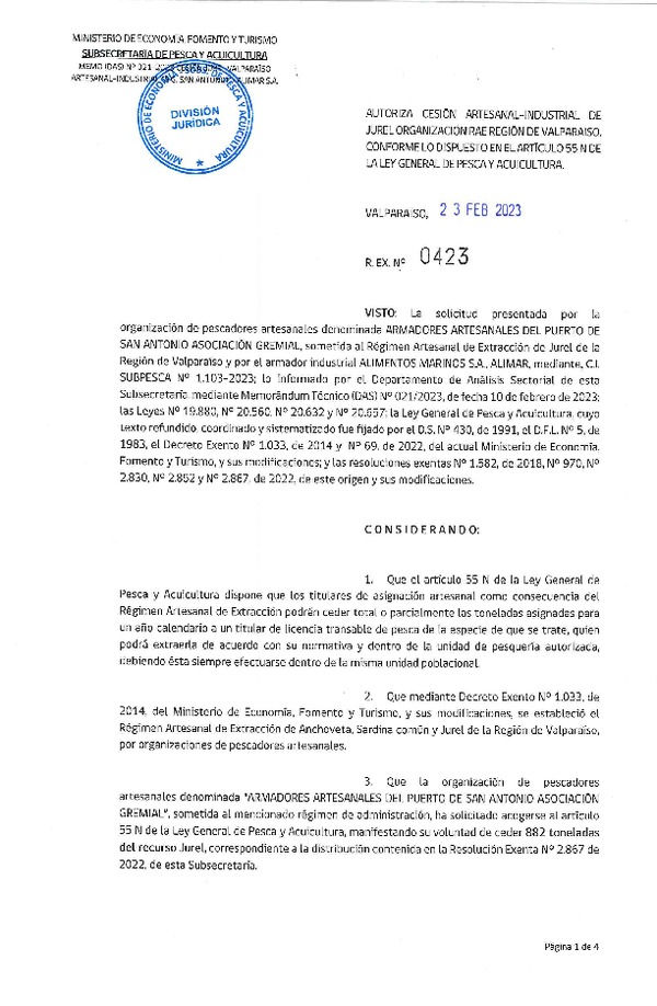 Res. Ex N° 0423-2023, Autoriza Cesión Artesanal–Industrial de Jurel Organización RAE Región de Valparaíso, conforme lo dispuesto en el artículo 55N de la Ley General de Pesca y Acuicultura. (Publicado en Página Web 27-02-2023).