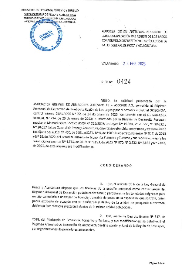 Res. Ex N° 0424-2023, Autoriza Cesión Artesanal–Industrial de Jurel Organización RAE Región de Los Lagos, conforme lo dispuesto en el artículo 55N de la Ley General de Pesca y Acuicultura. (Publicado en Página Web 27-02-2023).