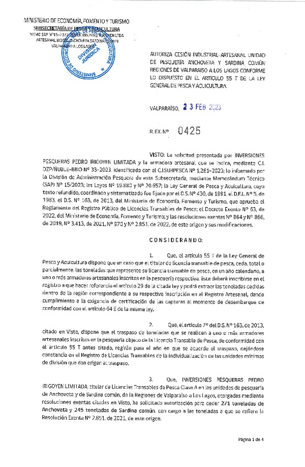 Res. Ex N° 0425-2023, Autoriza Cesión Industrial-Artesanal Unidad de Pesquería Anchoveta y Sardina Común Regiones de Valparaíso de Los Lagos, conforme lo dispuesto en el artículo 55N de la Ley General de Pesca y Acuicultura. (Publicado en Página Web 27-02-2023).