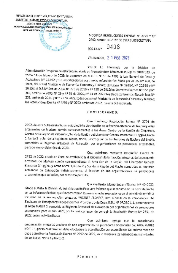 Res. Ex N° 0408-2023, Modifica Resoluciones Exentas N° 2791 y N° 2792, ambas de 2022, de esta Subsecretaría. (Publicado en Página Web 27-02-2023).