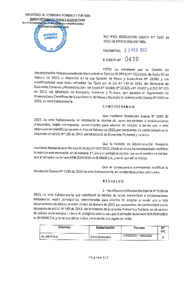 Res. Ex N° 0419-2023, Rectifica Resolución Exenta N° 0180 de 2023, de esta Subsecretaría. (Publicado en Página Web 27-02-2023).