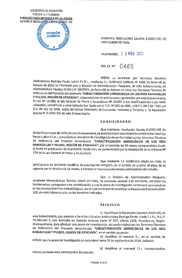 Res. Ex N° 0465-2023, Modifica Resolución Exenta N° E-2020-105, de esta Subsecretaría. (Publicado en Página Web 27-02-2023).