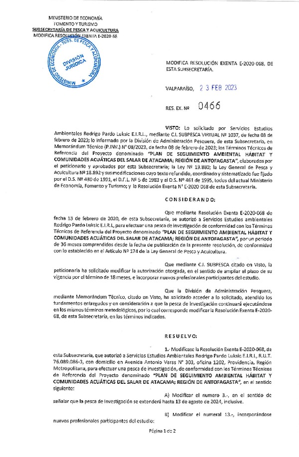 Res. Ex N° 0466-2023, Modifica Resolución Exenta N° E-2020-068, de esta Subsecretaría. (Publicado en Página Web 27-02-2023).