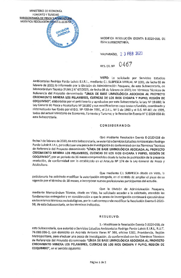 Res. Ex N° 0467-2023, Modifica Resolución Exenta N° E-2020-058, de esta Subsecretaría. (Publicado en Página Web 27-02-2023).