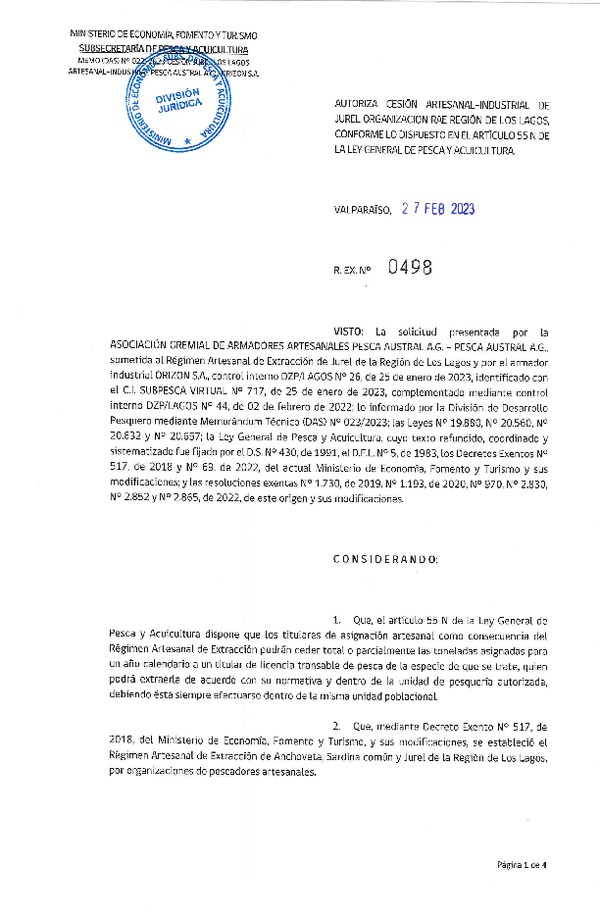 Res. Ex N° 0498-2023, Autoriza Cesión Artesanal–Industrial de Jurel Organización RAE Región de Lagos, conforme lo dispuesto en el artículo 55N de la Ley General de Pesca y Acuicultura. (Publicado en Página Web 27-02-2023).