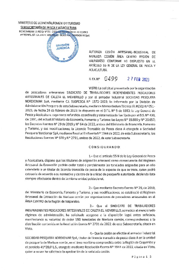 Res. Ex N° 0499-2023, Autoriza Cesión Artesanal–Industrial de Merluza Común área Centro Región de Valparaíso, conforme lo dispuesto en el artículo 55N de la Ley General de Pesca y Acuicultura. (Publicado en Página Web 27-02-2023).