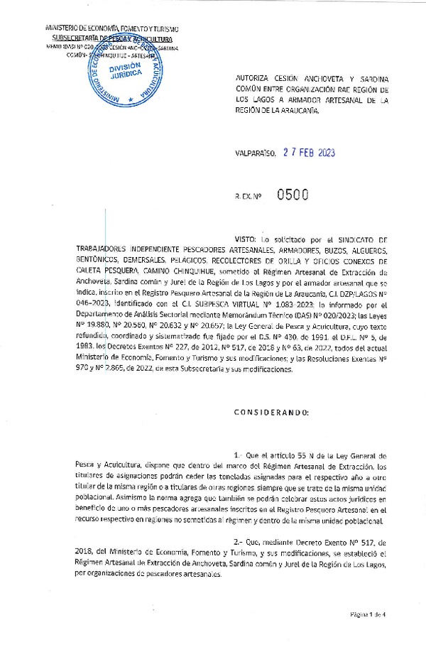 Res. Ex N° 0500-2023, Autoriza Cesión Anchoveta y Sardina Común entre Organización RAE Región de Los Lagos a Armador Artesanal de la Región de la Araucanía. (Publicado en Página Web 27-02-2023).