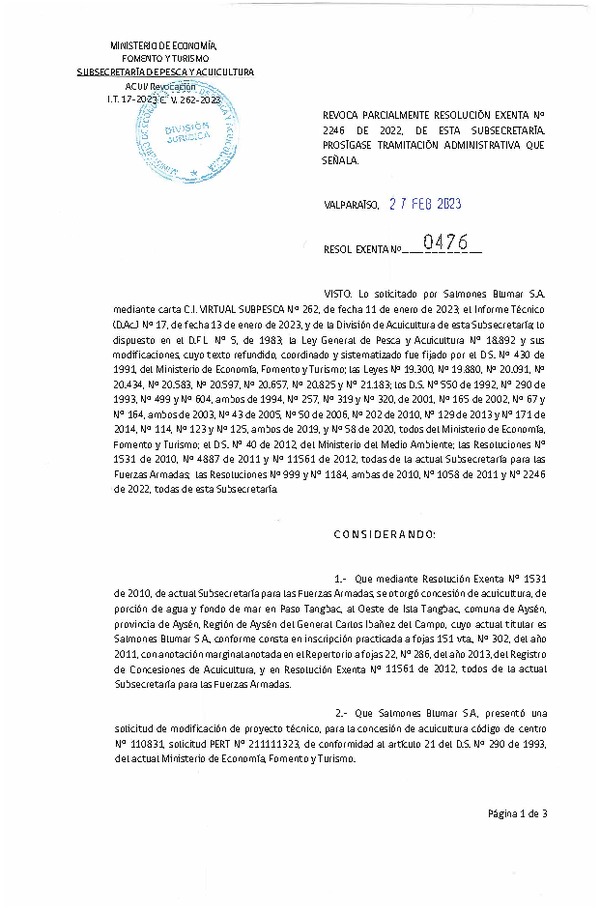 Res. Ex N° 0476-2023, Revoca parcialmente Resolución Exenta N° 2246 de 2022, de esta Subsecretaría. Prosígase tramitación administrativa que señala. (Publicado en Página Web 28-02-2023).