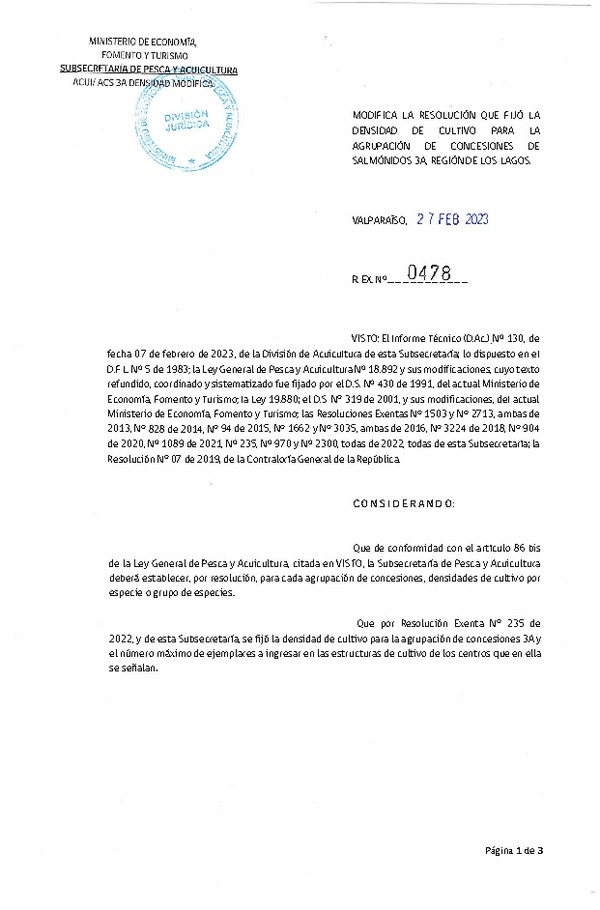 Res. Ex N° 0478-2023, Modifica la Resolución que fijó la Densidad de Cultivo para la agrupación de Concesiones de Salmónidos 3ª, Región de Los Lagos. (Publicado en Página Web 28-02-2023).