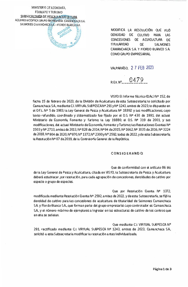 Res. Ex N° 0479-2023, Modifica la Resolución que fijó la Densidad de Cultivo para las Concesiones de Acuicultura de titularidad de Salmones Camanchaca S.A. y Fiordo Blanco S.A. Como grupo Empresarial. (Publicado en Página Web 28-02-2023).