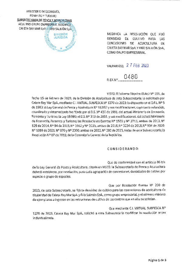 Res. Ex N° 0480-2023, Modifica la Resolución que fijó la Densidad de Cultivo para las Concesiones de Acuicultura de Caleta Bay Mar SpA. y Frío Salmón SpA.,Como grupo Empresarial. (Publicado en Página Web 28-02-2023).