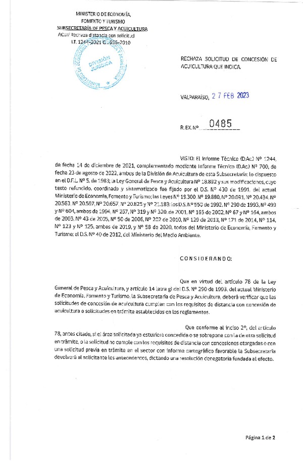 Res. Ex N° 485-2023, Rechaza solicitud de Concesión de Acuicultura que indica.(Publicado en Página Web 28-02-2023).