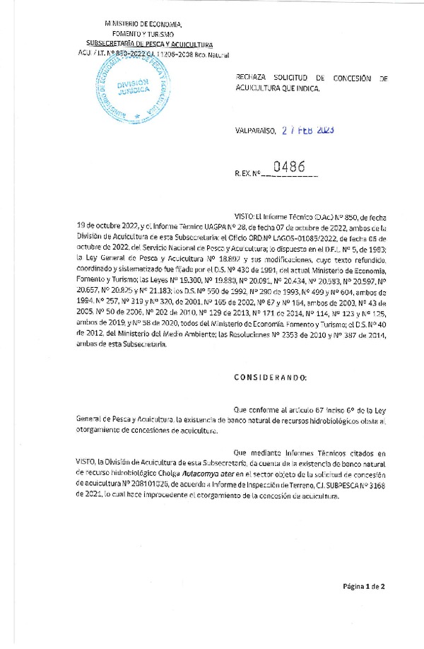 Res. Ex N° 486-2023, Rechaza solicitud de Concesión de Acuicultura que indica. (Publicado en Página Web 28-02-2023).