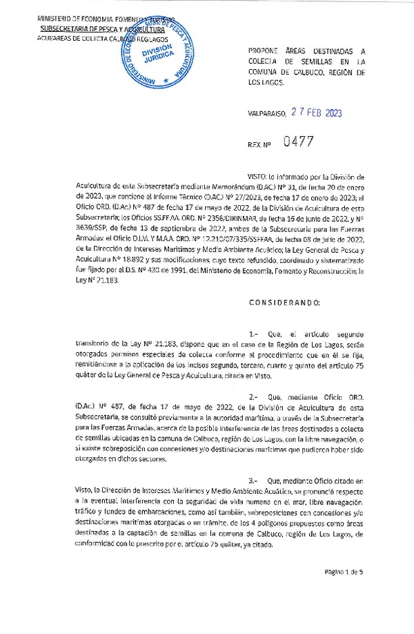 Res. Ex N° 0477-2023, Propone áreas destinadas a Colecta de Semillas en la comuna de Calbuco, Región de Los Lagos. (Publicado en Página Web 28-02-2023).