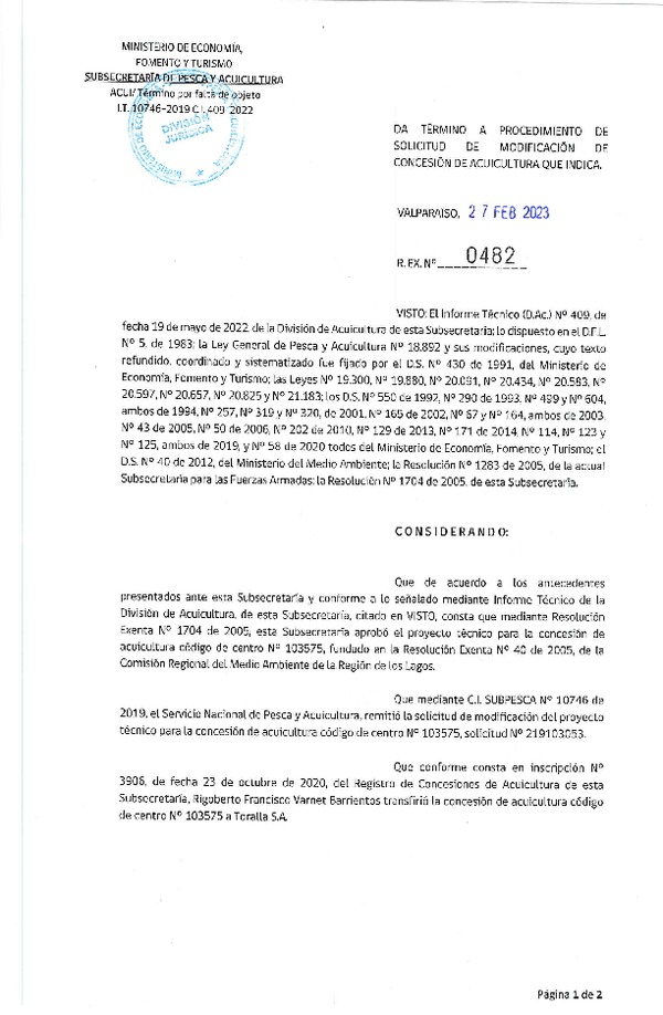 Res. Ex N° 0482-2023, Da término a Procedimiento de solicitud de Modificación de Concesión de Acuicultura que indica. (Publicado en Página Web 28-02-2023).