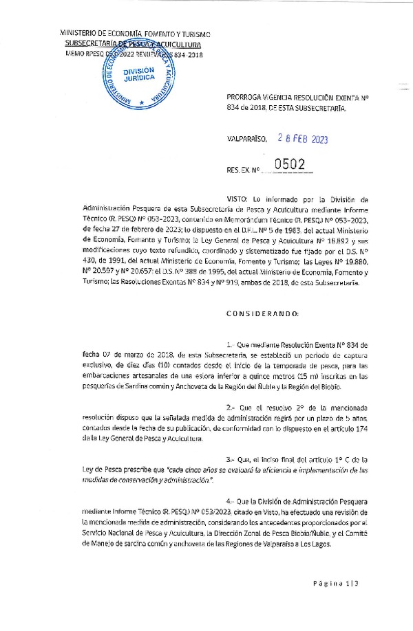 Res. Ex N° 0502-2023, Prorroga Vigencia Resolución Exenta N° 834 de 2018, de esta Subsecretaría. (Publicado en Página Web 28-02-2023).