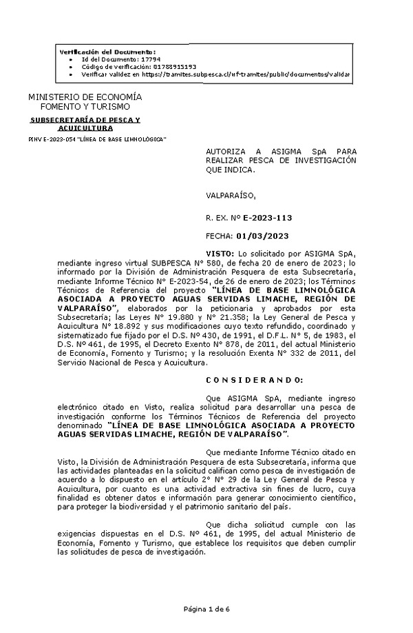 R. EX. Nº E-2023-113 AUTORIZA A ASIGMA SpA PARA REALIZAR PESCA DE INVESTIGACIÓN QUE INDICA. (Publicado en Página Web 01-03-2023)