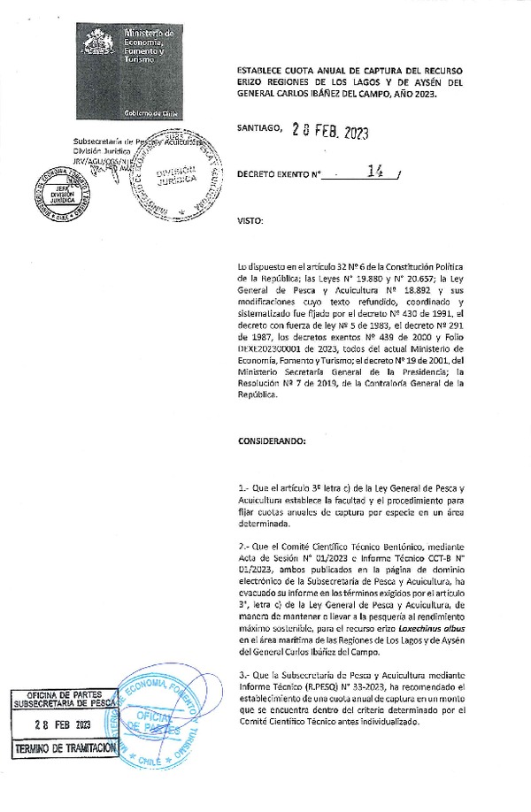 Dec. Ex. N° 14-2023 Establece Cuota Anual de Captura del recurso Erizo, Regiones de Los Lagos y de Aysén, año 2023. (Publicado en Página Web 01-03-2023)