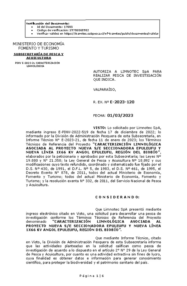 R. EX. Nº E-2023-120 AUTORIZA A LIMNOTEC SpA PARA REALIZAR PESCA DE INVESTIGACIÓN QUE INDICA. (Publicado en Página Web 01-03-2023)