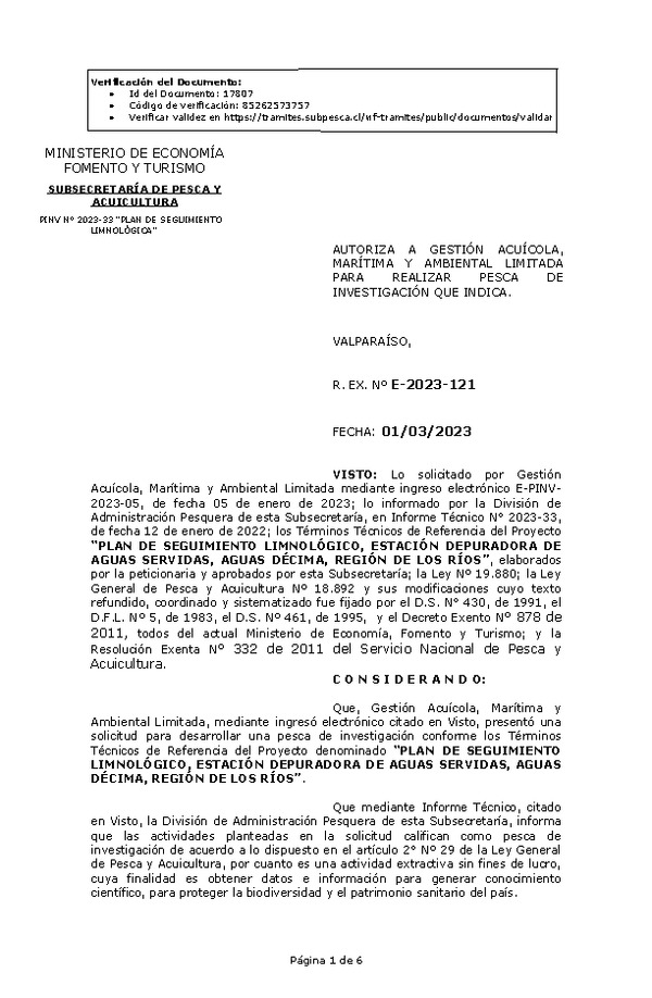 R. EX. Nº E-2023-121 AUTORIZA A GESTIÓN ACUÍCOLA, MARÍTIMA Y AMBIENTAL LIMITADA PARA REALIZAR PESCA DE INVESTIGACIÓN QUE INDICA. (Publicado en Página Web 01-03-2023)