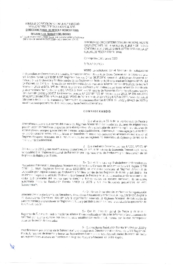 Res. Ex. N° 001-2023 (DZP Ñuble y del Biobío) Autoriza cesión Sardina común y Anchoveta. (Publicado en Página Web 02-03-2023)