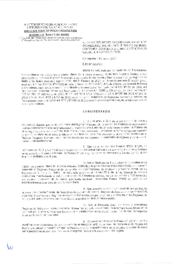 Res. Ex. N° 002-2023 (DZP Ñuble y del Biobío) Autoriza cesión Sardina común y Anchoveta. (Publicado en Página Web 02-03-2023)