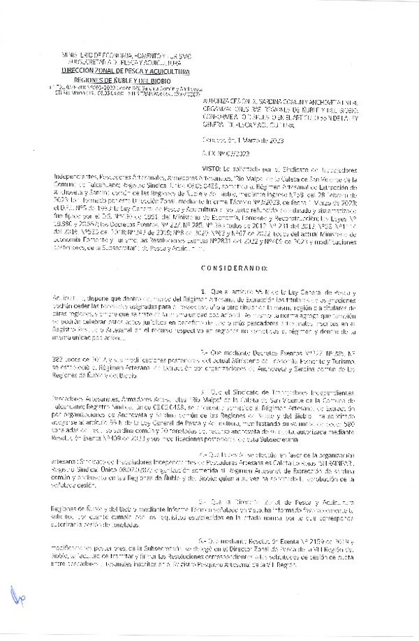 Res. Ex. N° 003-2023 (DZP Ñuble y del Biobío) Autoriza cesión Sardina común y Anchoveta. (Publicado en Página Web 02-03-2023)
