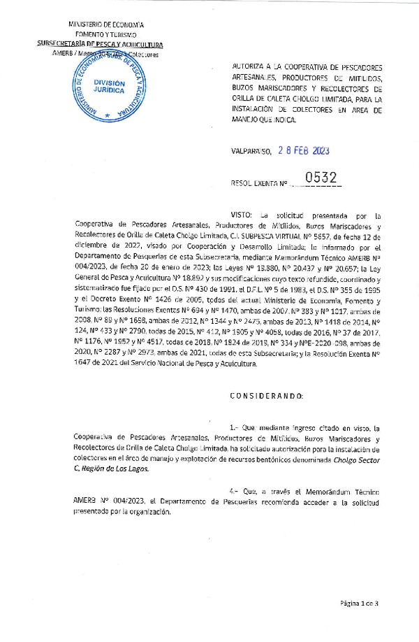 Res. Ex. N° 0532-2023 Instalación de colectores. (Publicado en Página Web 02-03-2023)