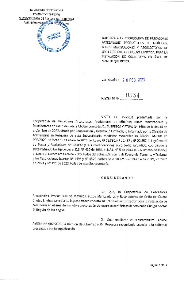 Res. Ex. N° 0534-2023 Instalación de colectores. (Publicado en Página Web 02-03-2023)