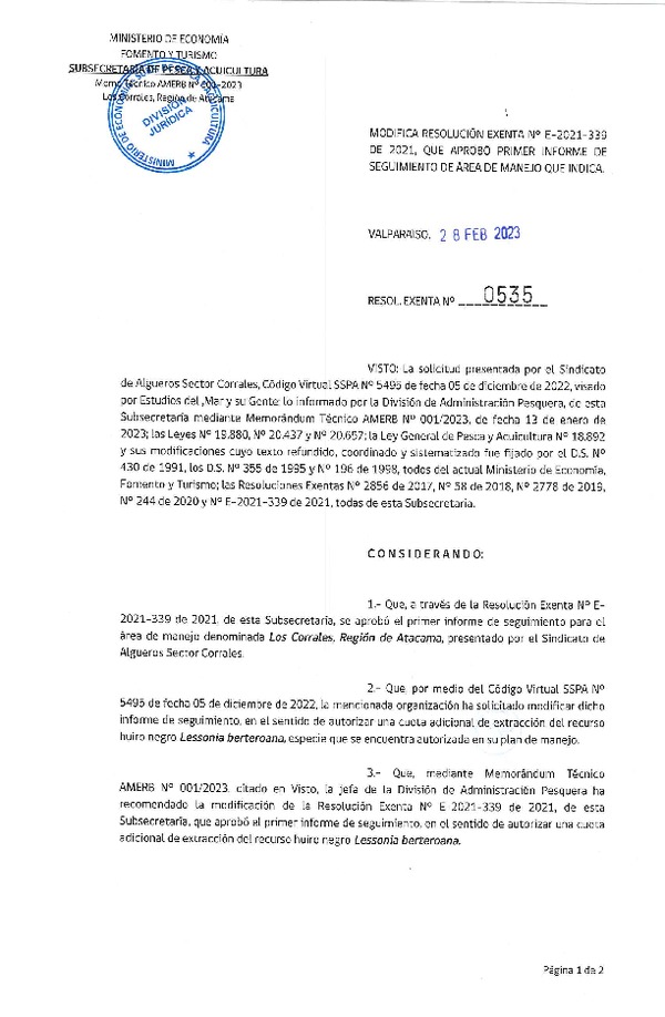 Res. Ex. N°0535-2023 Modifica RESOL. EXENTA Nº E-2021-339 Modifica Resolución que indica. Aprueba 1° Seguimiento. (Publicado en Página Web 02-03-2023