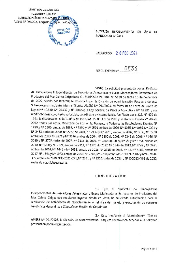 Res. Ex. N° 0536-2023 Autoriza repoblamiento. (Publicado en Página Web 02-03-2023)