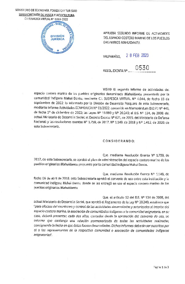 Res. Ex. N° 0530-2023 Aprueba segundo informe de actividades de ECMPO MAHUIDANTU. (Publicado en Página Web 02-03-2023)