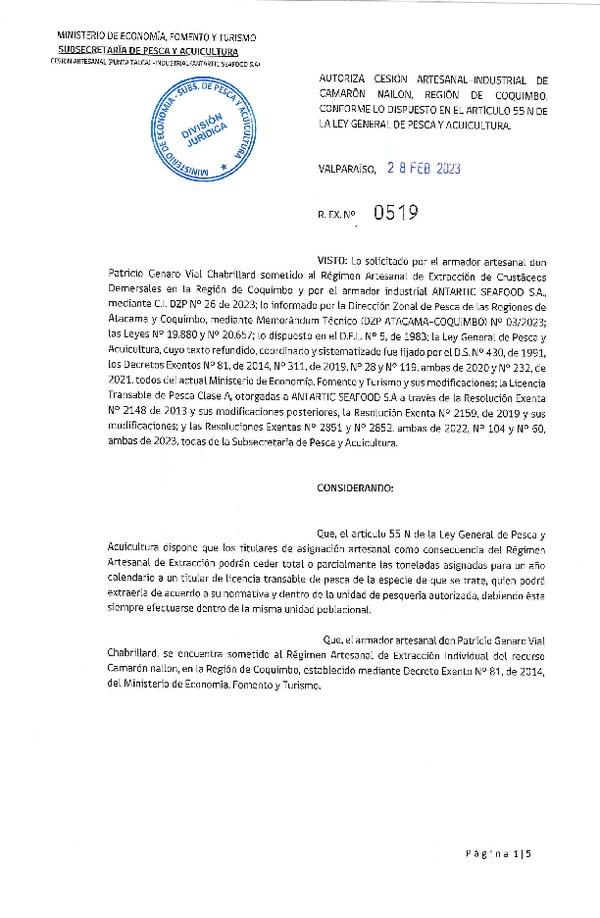 Res. Ex. N° 0519-2023, Autoriza Cesión Camarón nailon, Región de Coquimbo. (Publicado en Página Web 02-03-2023).