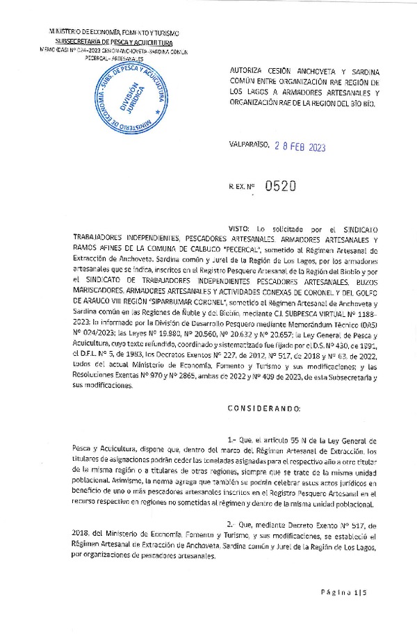 Res. Ex. N° 0520-2023 Autoriza Cesión de Anchoveta y Sardina común, Regiones de Los Lagos al Biobío. (Publicado en Página Web 02-03-2023)