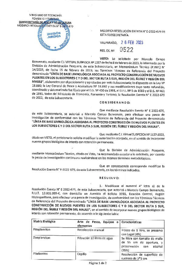 Res. Ex. N° 0522-2023 Modifica R. EX. Nº E-2022-679 AUTORIZA A MARCELO CAMPO BENVENUTO PARA REALIZAR PESCA DE INVESTIGACIÓN QUE INDICA. (Publicado en Página Web 02-03-2023)