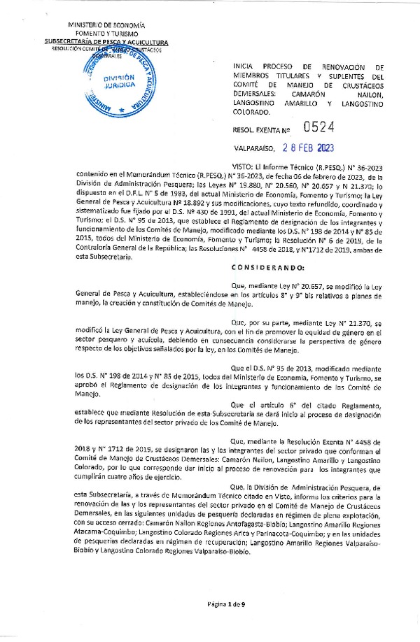 Res. Ex. N° 0524-2023 Inicia Proceso de Renovación de Miembros Comité de Manejo de Crustáceos Demersales, Camarón Nailon, Langostino Amarillo y Langostino Colorado. (Publicado en Página Web 02-03-2023)