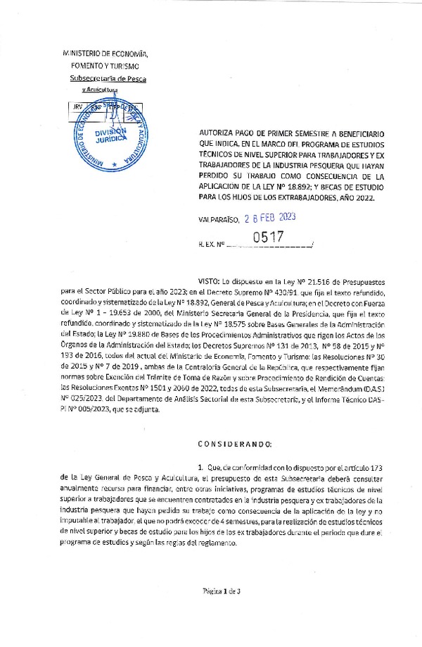 Res. Ex. N° 0517-2023 Autoriza pago de primer semestre a beneficiario que indica, en el marco del programa que señala. (Publicado en Página Web 02-03-2023)