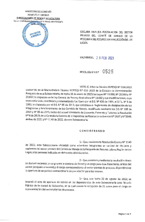 Res. Ex. N° 0525-2023 Declara Inválida Postulación del Sector Privado del Comité de Manejo de la Pesquería del Recurso Juliana, en la Región de Los Lagos.(Publicado en Página Web 02-03-2023)