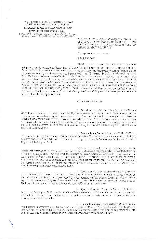 Res. Ex. N° 004-2023 (DZP Ñuble y del Biobío) Autoriza cesión Sardina común y Anchoveta. (Publicado en Página Web 03-03-2023)