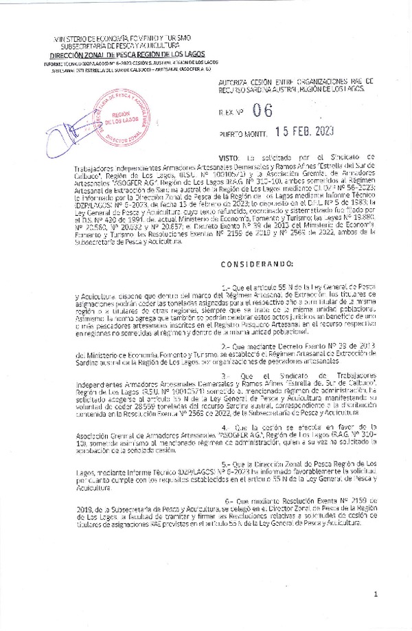 Res. Ex. N° 06-2023 (DZP Los Lagos) Autoriza cesión sardina austral Región de Los Lagos. (Publicado en Página Web 03-03-2023)
