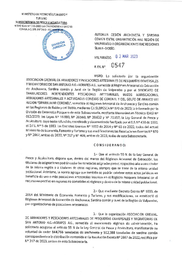 Res. Ex. N° 547-2023 Autoriza Cesión de Anchoveta y Sardina Común, Región de Valparaíso al  Biobío. (Publicado en Página Web 03-03-2023)